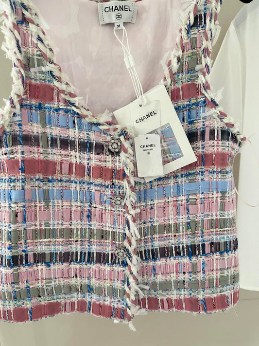 Pastel Tweed Crop Top with Frayed Edges & Ornate Buttons