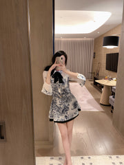 Zoo Print Satin-Paneled Chiffon Shirt and Skirt Set