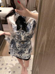 Zoo Print Satin-Paneled Chiffon Shirt and Skirt Set