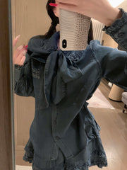 Ruffle-hem Tencel denim shirt and youthful skirt set~~High-quality