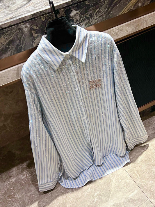 Drop Shoulder Rhinestone Stripe Shirt