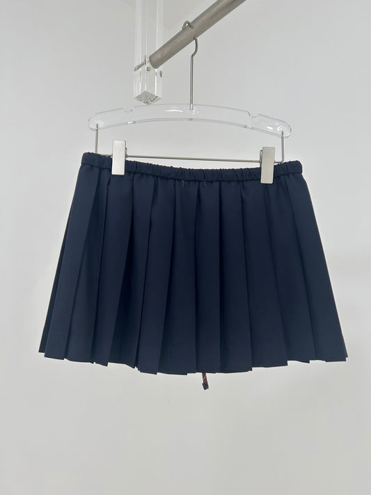 Drawstring Waist Navy Pleated Mini Skirt