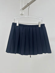 Drawstring Waist Navy Pleated Mini Skirt