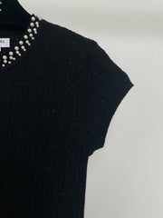 Pearl-Trim Ribbed Knit Short-Sleeve Top
