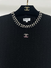 Pearl-Trim Ribbed Knit Short-Sleeve Top