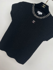 Pearl-Trim Ribbed Knit Short-Sleeve Top