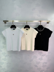 Pearl-Trim Textured Knit Short-Sleeve Tops
