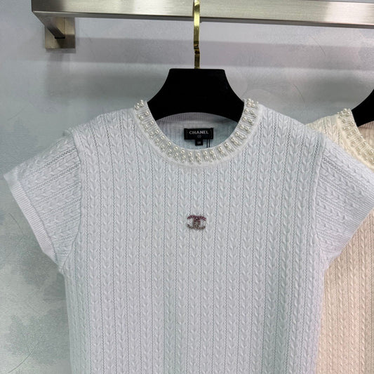 Pearl-Trim Textured Knit Short-Sleeve Tops