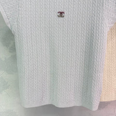 Pearl-Trim Textured Knit Short-Sleeve Tops