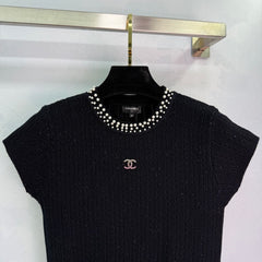 Pearl-Trim Textured Knit Short-Sleeve Tops