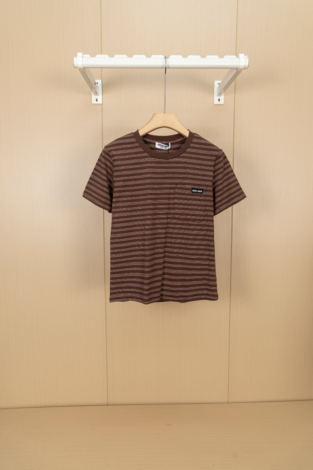Mocha Slanted-Stripe Pocket Tee with Mini Logo Patch