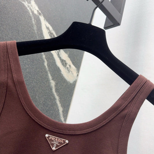 Chocolate Ribbed Tank with Subtle Geometric Accent
