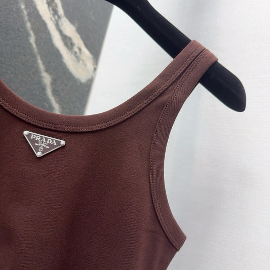 Chocolate Ribbed Tank with Subtle Geometric Accent