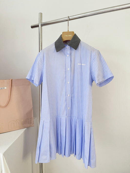 Blue Pinstripe Collared Shirt Dress with Pleated Hem