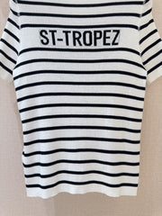 Monochrome Stripe Knit Top with Bold Text Embellishment