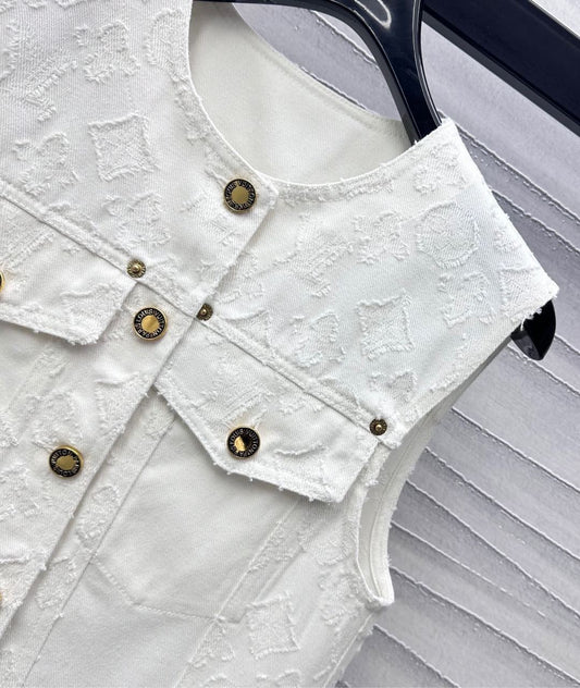 White Denim Co-ord Set with Embossed Motifs & Hardware Accents