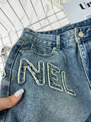 letter embroidered denim shorts