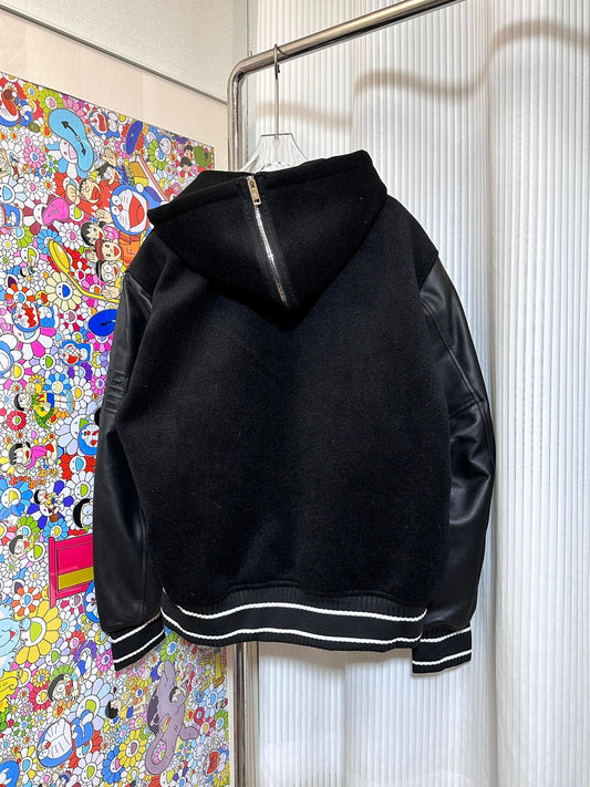 Classic patchwork leather hooded baseball jacket