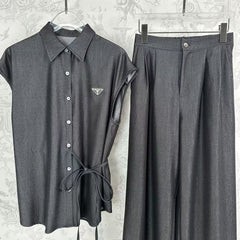 25 Early Spring Silk Denim Bandage + Elastic Waist Wide Leg Pants Set