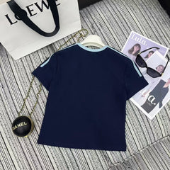 Contrast color short-sleeved elastic waist wide-leg pants suit