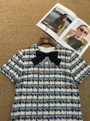 Tweed Shift Dress with Bow & Crystal Accent