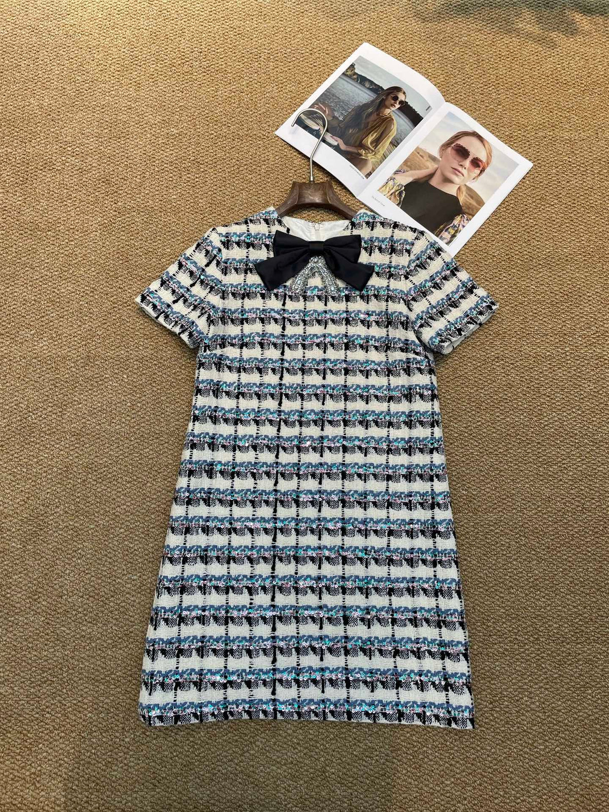 Tweed Shift Dress with Bow & Crystal Accent