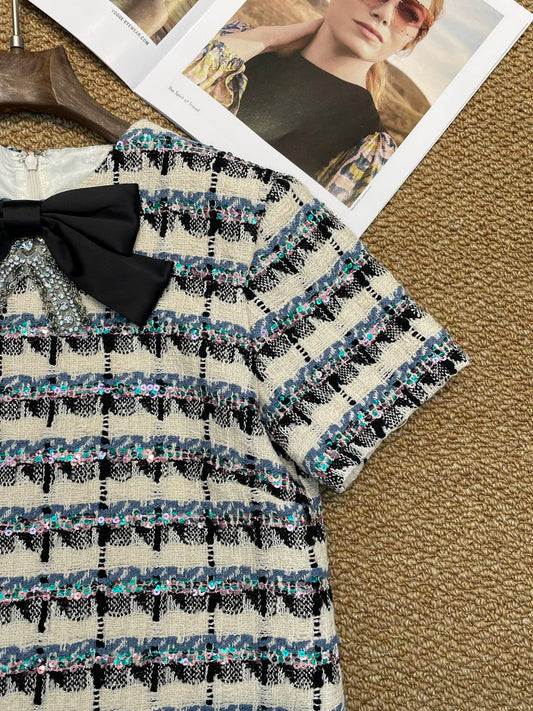 Tweed Shift Dress with Bow & Crystal Accent