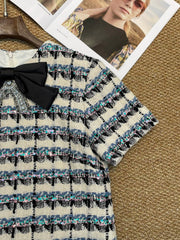 Tweed Shift Dress with Bow & Crystal Accent