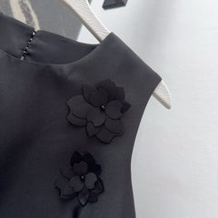 Black Satin Shift Dress with 3D Floral Embellishments