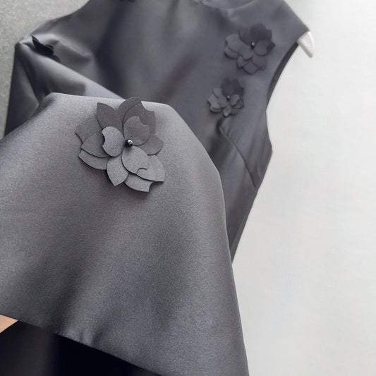 Black Satin Shift Dress with 3D Floral Embellishments