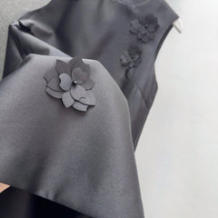 Black Satin Shift Dress with 3D Floral Embellishments