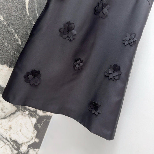 Black Satin Shift Dress with 3D Floral Embellishments