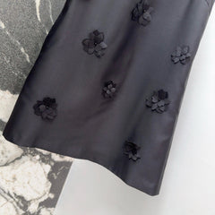 Black Satin Shift Dress with 3D Floral Embellishments