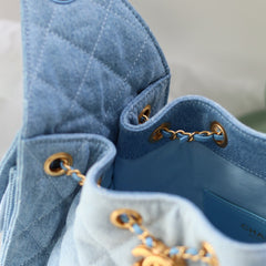 Denim Quilted Bucket Bag with Contrast Chain