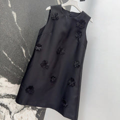 Black Satin Shift Dress with 3D Floral Embellishments