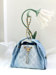 Denim Quilted Bucket Bag with Contrast Chain