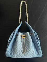 Denim Quilted Bucket Bag with Contrast Chain