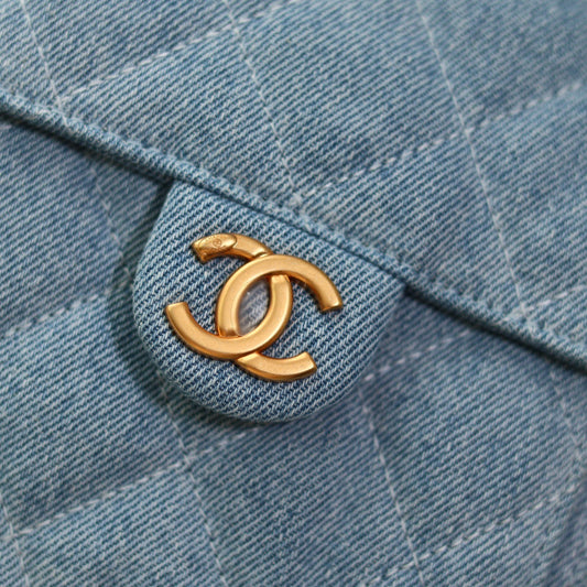 Denim Quilted Bucket Bag with Contrast Chain