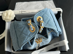 Denim Quilted Bucket Bag with Contrast Chain