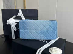 Denim Quilted Bucket Bag with Contrast Chain