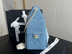 Denim Quilted Bucket Bag with Contrast Chain