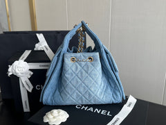 Denim Quilted Bucket Bag with Contrast Chain