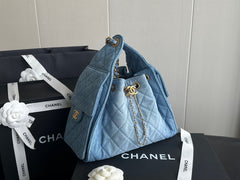 Denim Quilted Bucket Bag with Contrast Chain