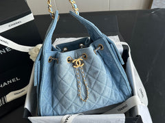 Denim Quilted Bucket Bag with Contrast Chain