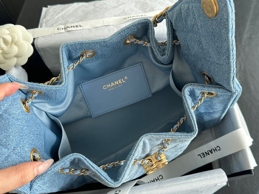 Denim Quilted Bucket Bag with Contrast Chain