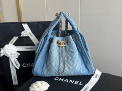 Denim Quilted Bucket Bag with Contrast Chain