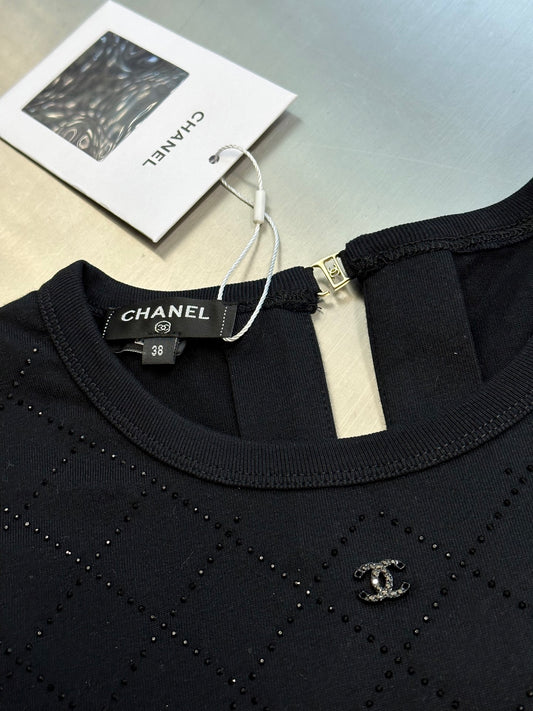 Black Crewneck Tee with Rhinestone Quilting & Back Hardware
