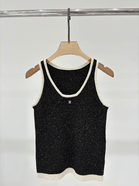 Black & White Tweed-Knit Tank with Metallic Flecks