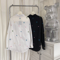 Two-Tone Embroidered Shirts with Denim Pocket Accent