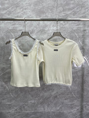 Lace-Accented Knit Tops + Tailored Taupe Pleated Skirt Set